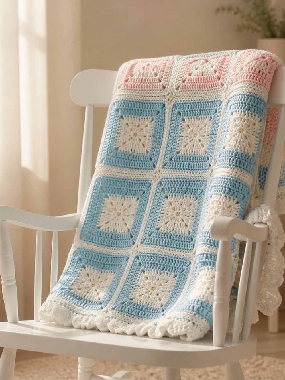 Handmade Crochet Baby Blanket With Pastel Squares & Floral Motif